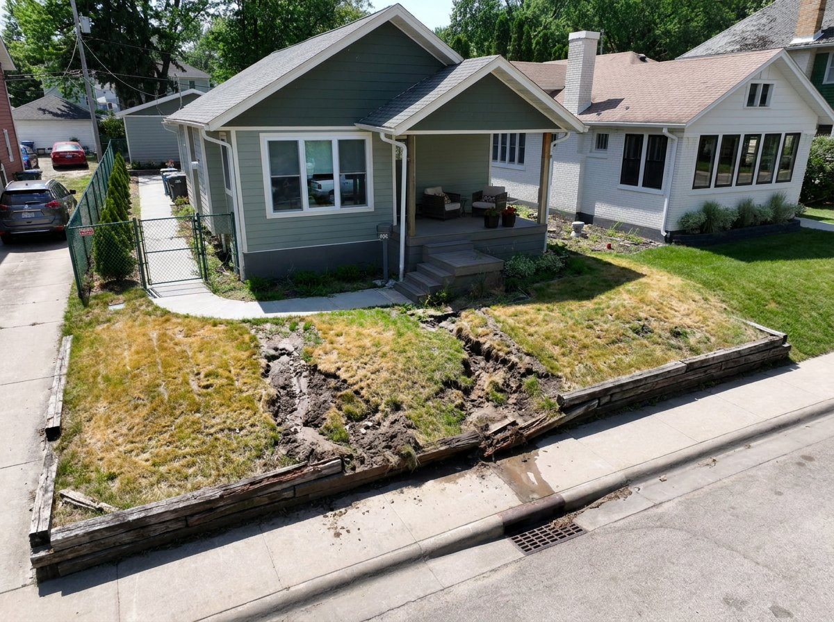 Before — eroding slope with failing timber wall
